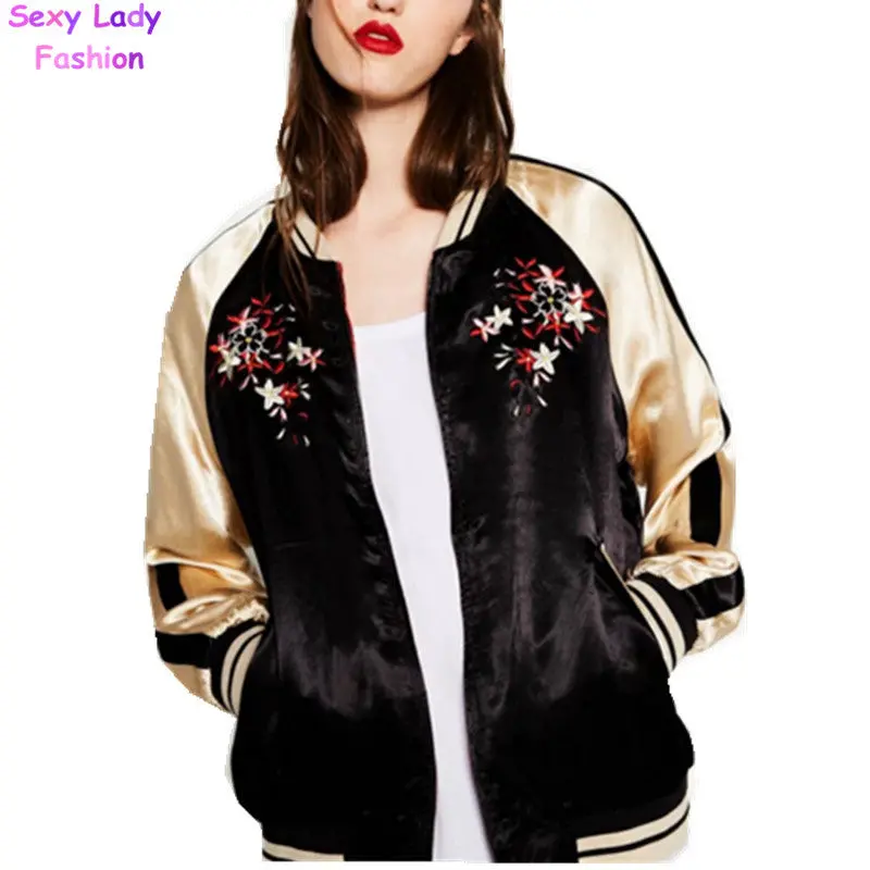 Harajuku Reversible Coat Bloom Sakura Embroidery Jacket Women Contrast Sleeve Bomber Jacket Coat Pilots Outerwear 1