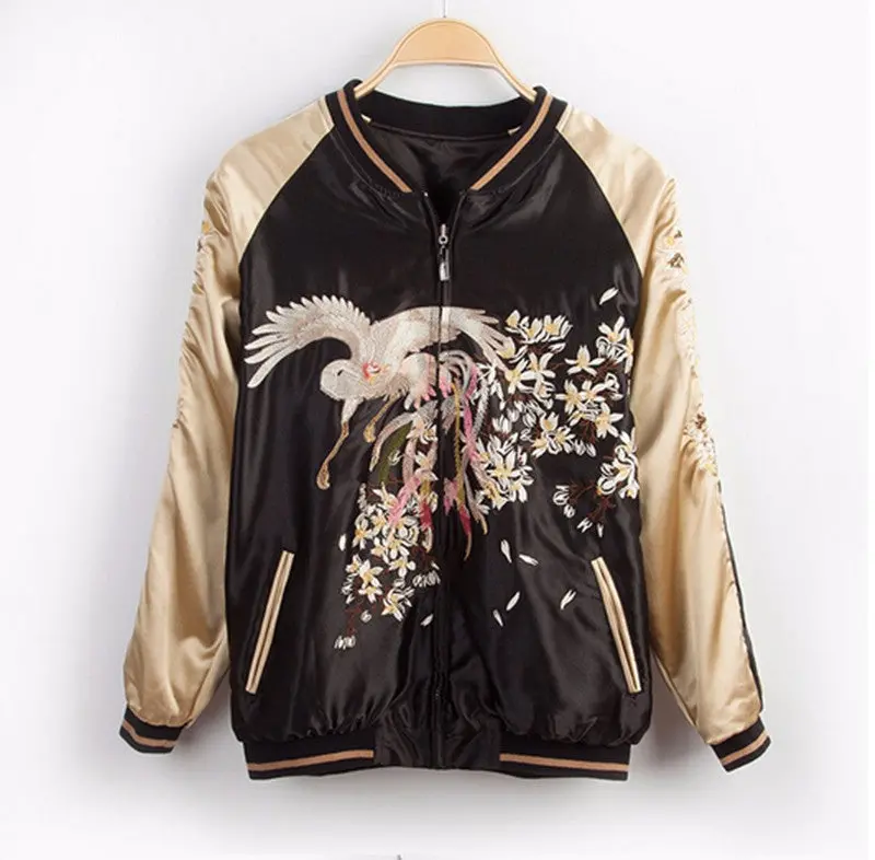Harajuku Reversible Coat Embroidery Flower Phoenix Bird Jacket Women Contrast Sleeve Bomber Jacket Coat Pilots Outerwear 1
