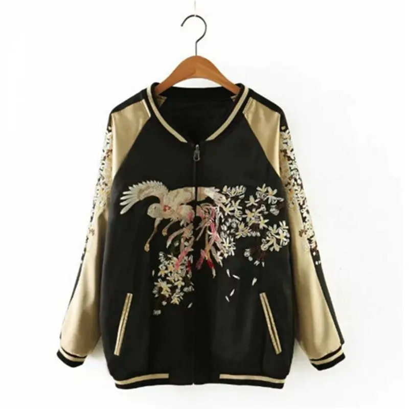 Harajuku Reversible Coat Flower Phoenix Bird Embroidery Jacket Women Contrast Sleeve Bomber Jacket Coat Pilots Outerwear 1