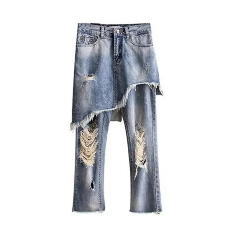 Harajuku Ripped Hole False 2 Pieces Ankle-Length Denim Pants Woman Casual Jeans Femme Light Blue Color 1