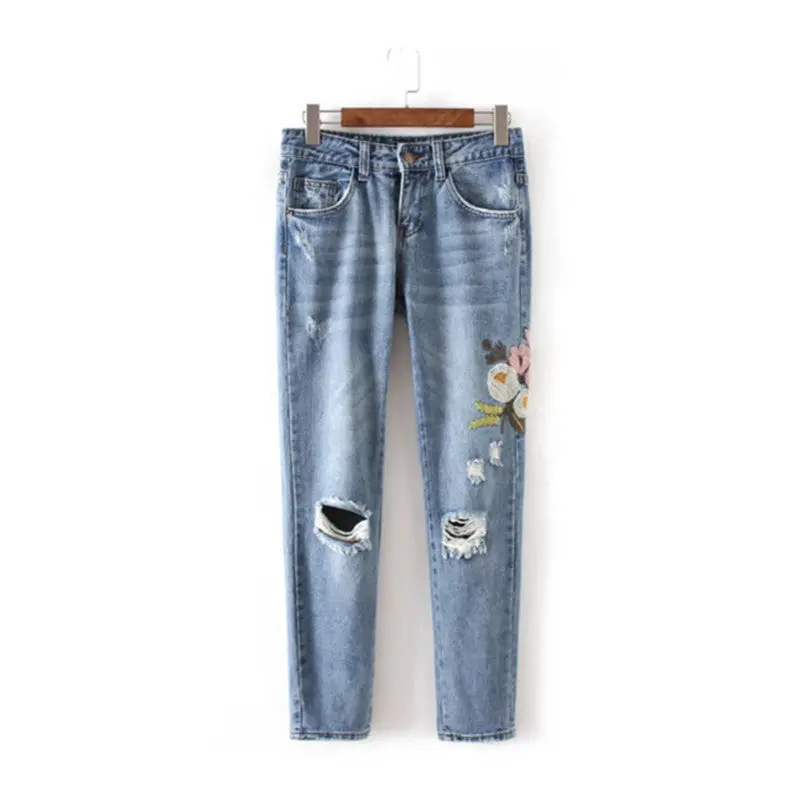 Harajuku Ripped Hole Flower Embroidery Denim Pants Woman Casual Jeans Femme Taille Haute Pantalon Pants Long Jeans Feminino 1