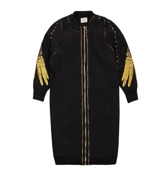 Harajuku Rivets Spliced Wings Embroidery Trench Women Spliced Faux Leather Camouflage Mid Long Coat Outerwear 1