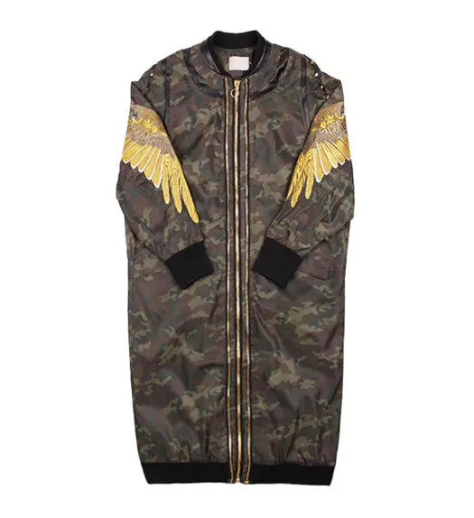 Harajuku Rivets Spliced Wings Embroidery Trench Women Spliced Faux Leather Camouflage Mid Long Coat Outerwear 2