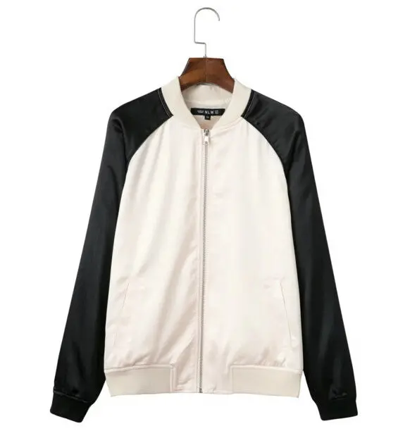 Harajuku Satin Floral Embroidery Jacket Women Contrast Color Sleeve Bomber Jacket Coat Pilots Outerwear 1