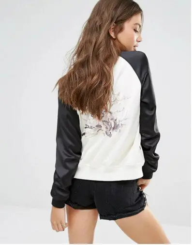 Harajuku Satin Floral Embroidery Jacket Women Contrast Color Sleeve Bomber Jacket Coat Pilots Outerwear 3