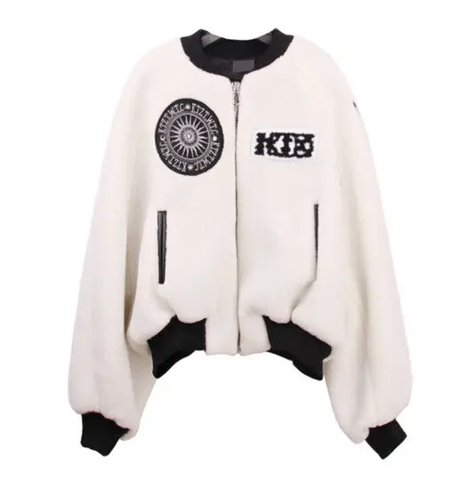 Harajuku Short Hairy Shaggy Embroidery Badge Jacket Stylish Women Pu Leather Pockets Pilots Bomber Coat Loose Outerwear White 1