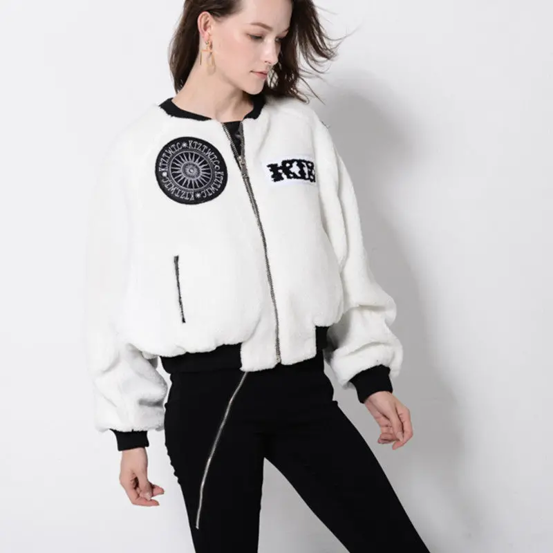 Harajuku Short Hairy Shaggy Embroidery Badge Jacket Stylish Women Pu Leather Pockets Pilots Bomber Coat Loose Outerwear White 2