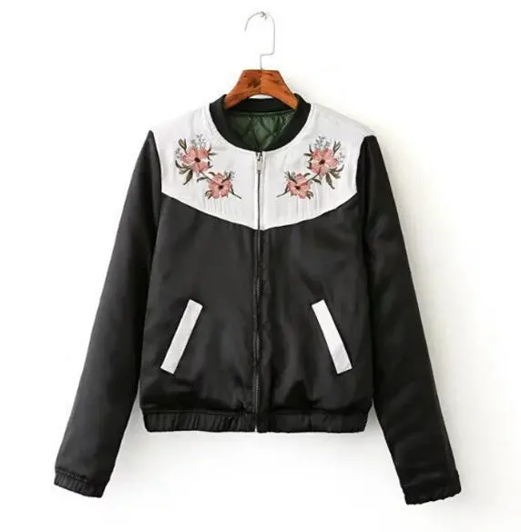 Harajuku Spliced Flower Embroidery Jacket Women Contrast Color Shoulder Bomber Jacket Coat Pilots Outerwear 1