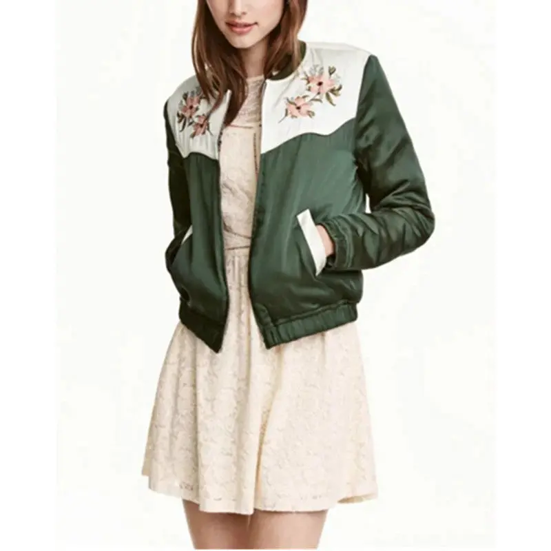 Harajuku Spliced Flower Embroidery Jacket Women Contrast Color Shoulder Bomber Jacket Coat Pilots Outerwear 3