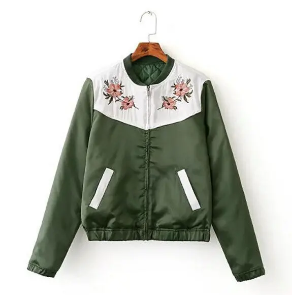 Harajuku Spliced Flower Embroidery Jacket Women Contrast Color Shoulder Bomber Jacket Coat Pilots Outerwear 4