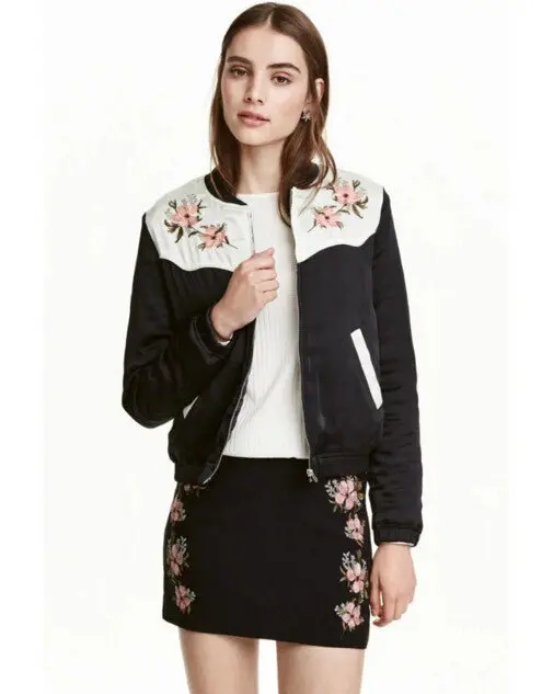 Harajuku Spliced Flower Embroidery Jacket Women Contrast Color Shoulder Bomber Jacket Coat Pilots Outerwear 4