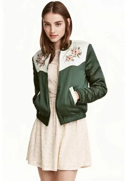 Harajuku Spliced Flower Embroidery Jacket Women Contrast Color Shoulder Bomber Jacket Coat Pilots Outerwear 5