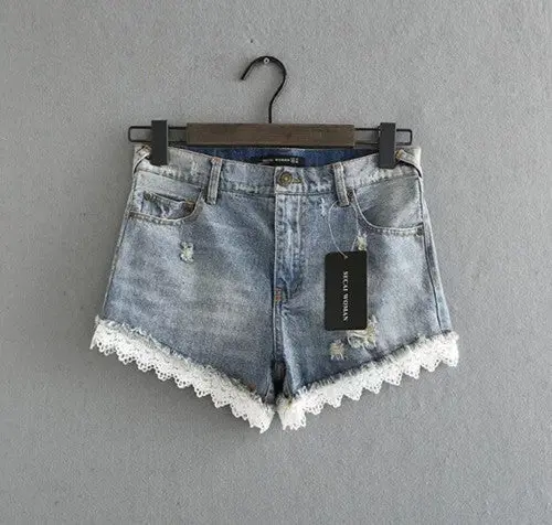 Harajuku Spliced Lace Cuff Denim Jeans Shorts Woman Jean Femme Boyfriend Taille Haute Pantalon Pants Short Jeans Feminino 5