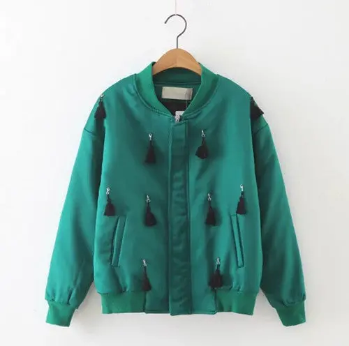 Harajuku Spliced Tassel Pilots Jacket Yokosuka Women Stand Collar Bomber Coat Fringed Outerwear 1