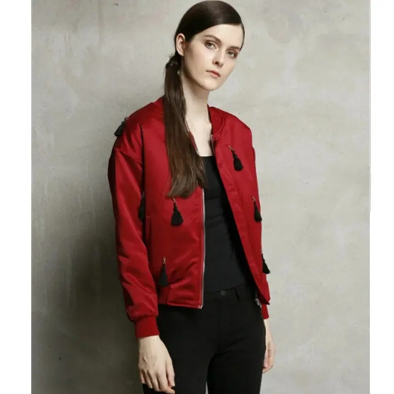 Harajuku Spliced Tassel Pilots Jacket Yokosuka Women Stand Collar Bomber Coat Fringed Outerwear 3