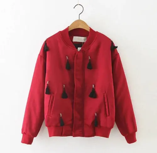 Harajuku Spliced Tassel Pilots Jacket Yokosuka Women Stand Collar Bomber Coat Fringed Outerwear 4