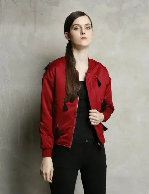 Harajuku Spliced Tassel Pilots Jacket Yokosuka Women Stand Collar Bomber Coat Fringed Outerwear 5
