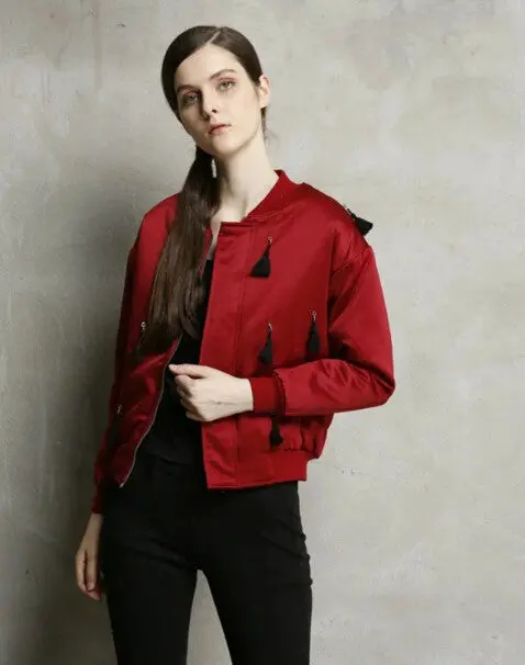 Harajuku Spliced Tassel Pilots Jacket Yokosuka Women Stand Collar Bomber Coat Fringed Outerwear 6
