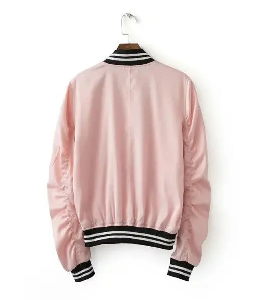 Harajuku Thin Pink Jacket Women Spliced Knitted V Neck Cuff Bomber Jacket Coat Pilots Outerwear Pink Color S M L 3