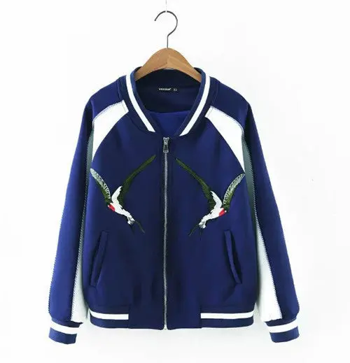 Harajuku Vintage Satin Animal Bird Embroidery Jacket Women Contrast Color Bomber Jacket Coat Pilots Outerwear 1