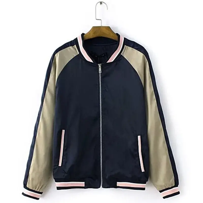 Harajuku Vintage Satin Back Flower Embroidery Jacket Women Contrast Color Bomber Jacket Coat Pilots Outerwear 1