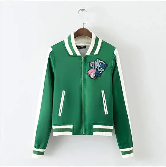 Harajuku Vintage Satin Plant Cactus Embroidery Jacket Women Contrast Color Bomber Jacket Coat Pilots Outerwear 1