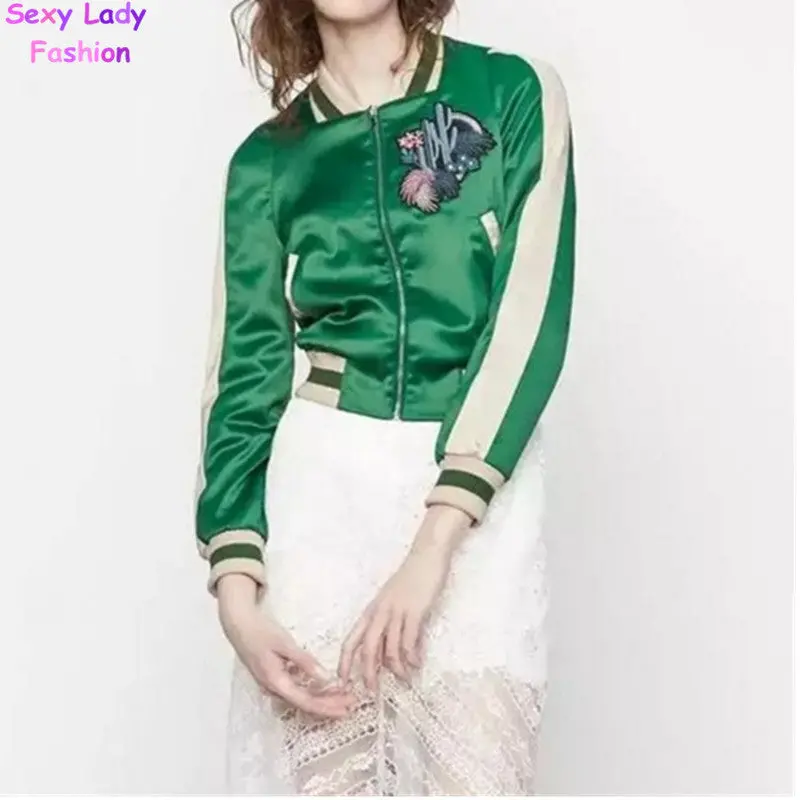 Harajuku Vintage Satin Plant Cactus Embroidery Jacket Women Contrast Color Bomber Jacket Coat Pilots Outerwear 2
