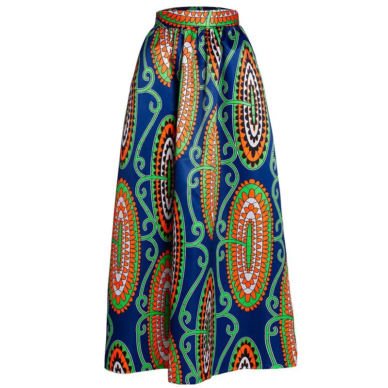 Harajuku Women African Print Skirt Ankara Dashiki Jupe Bohemian High Waist Pleated A-Line Maxi Flare Floral Skirt Roupa 1