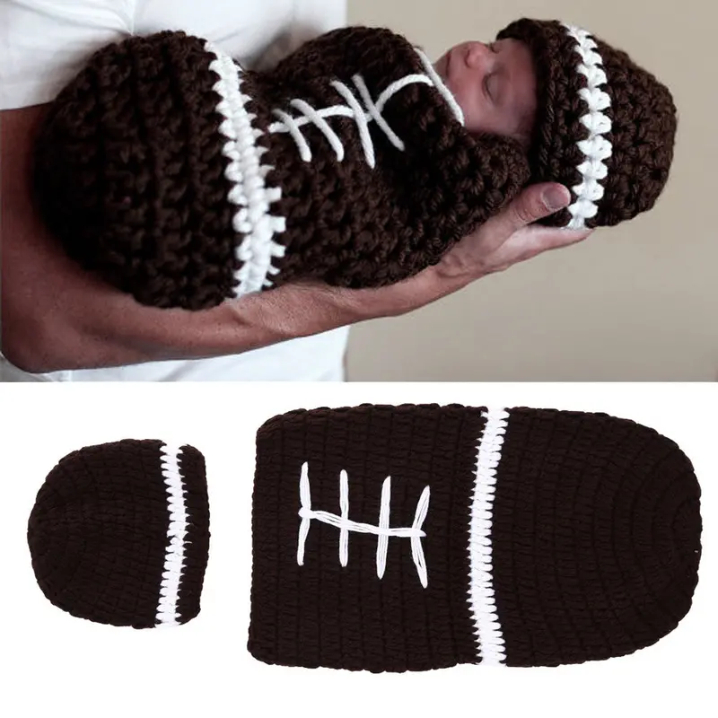 Hat + Baby Sleeping Bag Infant Baby Costume Knitted Beanies Hat Hmade Born Pography Props Rugby Crochet Hats 1