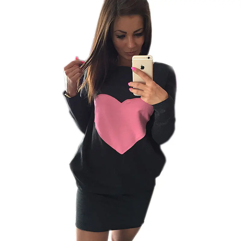 Heart Print Casual Dress Sexy Mini Dresses Long Sleeve O Neck Women Dress With Hoody Loose Dress For Women 4