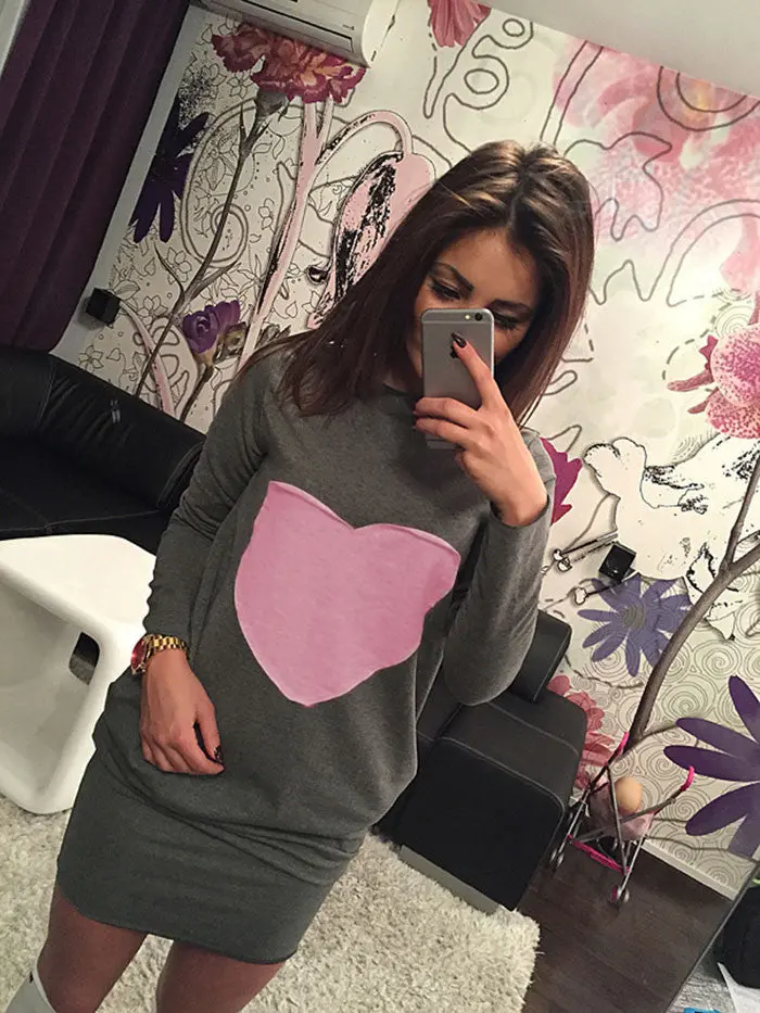 Heart Print Casual Dress Sexy Mini Dresses Long Sleeve O Neck Women Dress With Hoody Loose Dress For Women 5