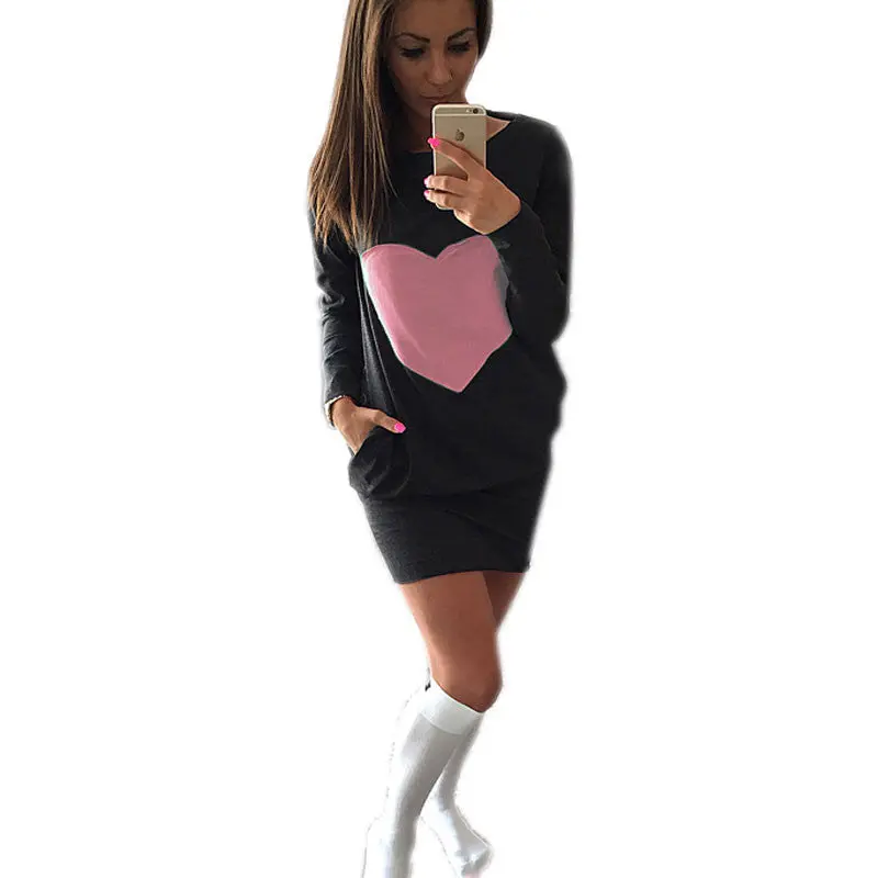 Heart Print Casual Dress Sexy Mini Dresses Long Sleeve O Neck Women Dress With Hoody Loose Dress For Women 8