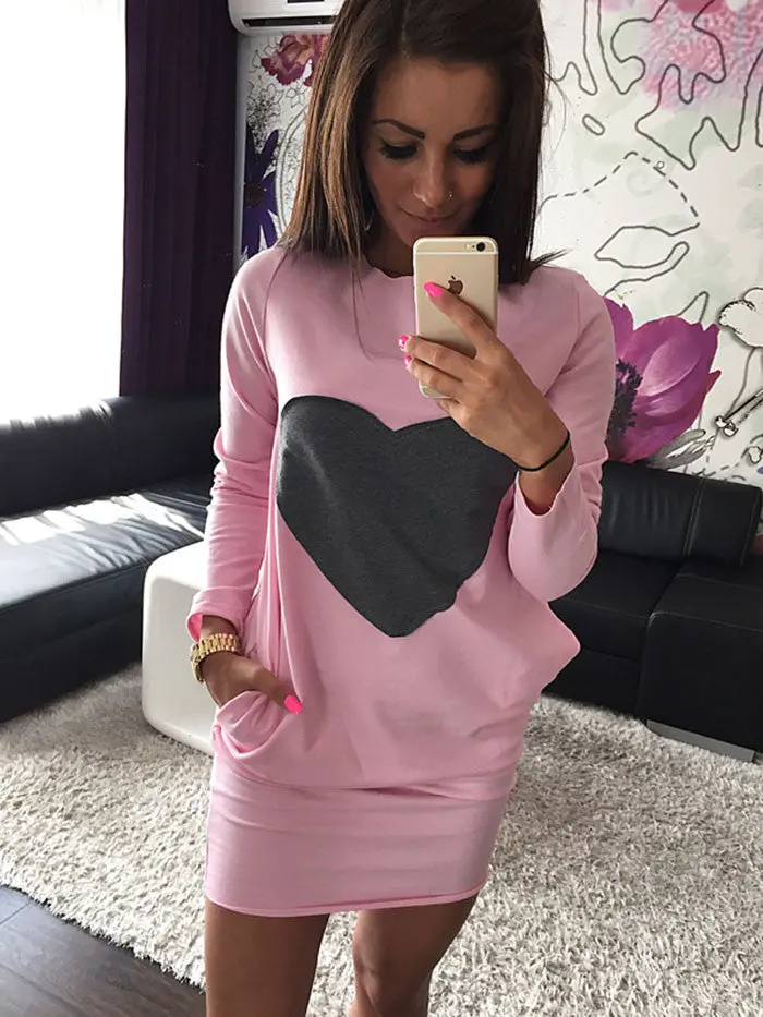 Heart Print Casual Dress Sexy Mini Dresses Long Sleeve O Neck Women Dress With Hoody Loose Dress For Women 9