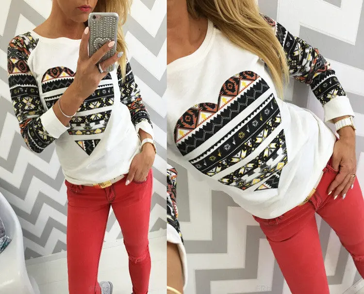 Heart Printing Hoodies Tops Women Casual Long Sleeve O Neck Patchwork Slim Sweatshirts Women Clothing M0656 3