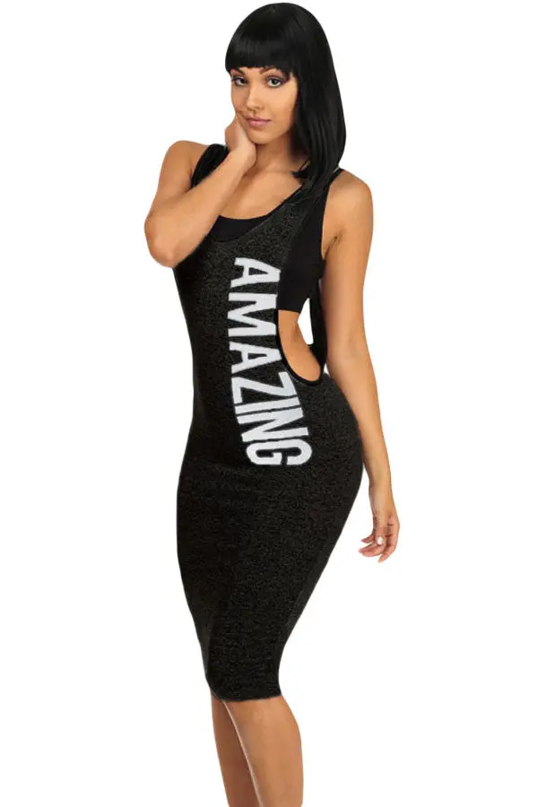 High Cut Daring Amazing Letter Print Dress Sexy Black Midi Pnecil Dress Sleeveless Backless Spaghetti Strap Bodycon Dress 4