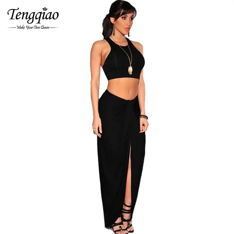 High Elasticity 2 Two Piece Dress Maxi Set Outfits Black Sleeveless Long Two-Piece Dress Vestido De Festa 1