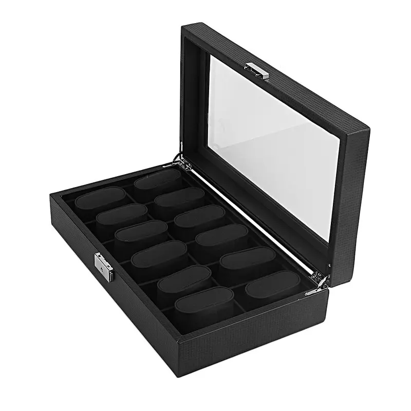 High-Grade 12 Slot Carbon Fiber Design Jewelry Display Watch Box Storage Holder Black Large 1