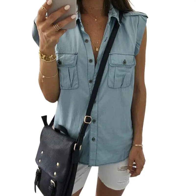 High Qulity Cool Sleeveless Slim Water Wash Scrub Denim Shirt Vest Denimwomen's Blouse Basic Top Vlothing 1