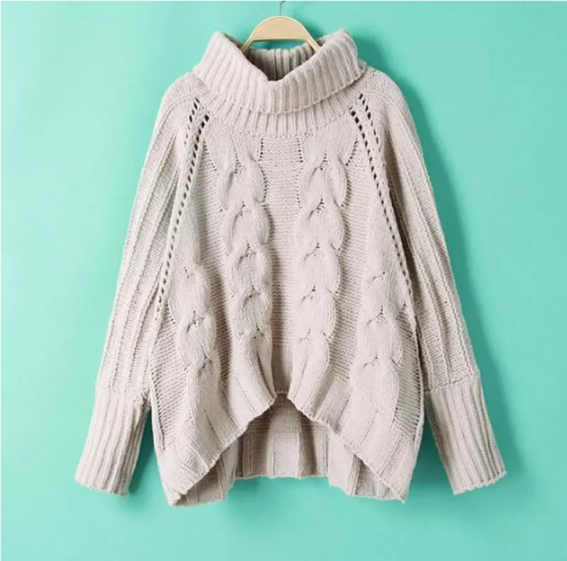 High Roll Neck Irregular Hem Loose Sweater Retro Turtleneck Cable Twist Knit Ribbed Panel Jumper Vintage Women's Knitwear Tops 1