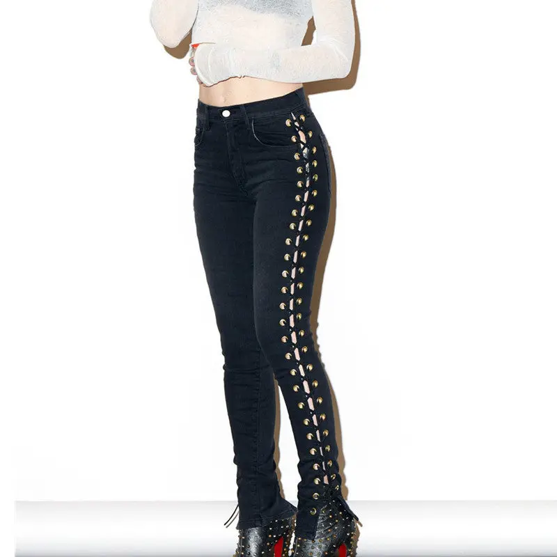 High Waist Jeans Side Lacing Up Denim Jeans Pencil Pants Femme Sexy Hip Lift Jeans Woman Black White Womens Jeans 3
