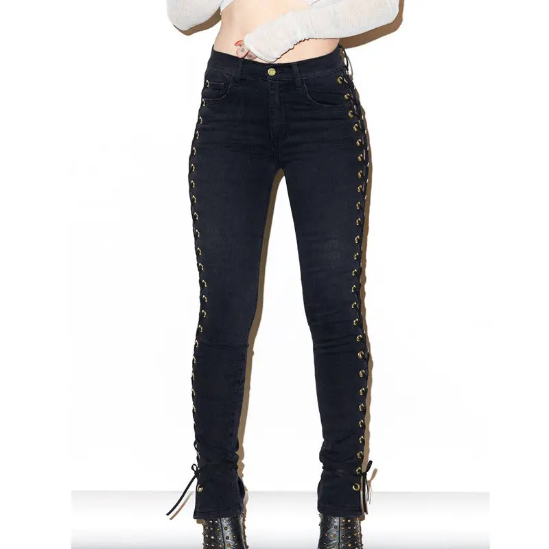 High Waist Jeans Side Lacing Up Denim Jeans Pencil Pants Femme Sexy Hip Lift Jeans Woman Black White Womens Jeans 4