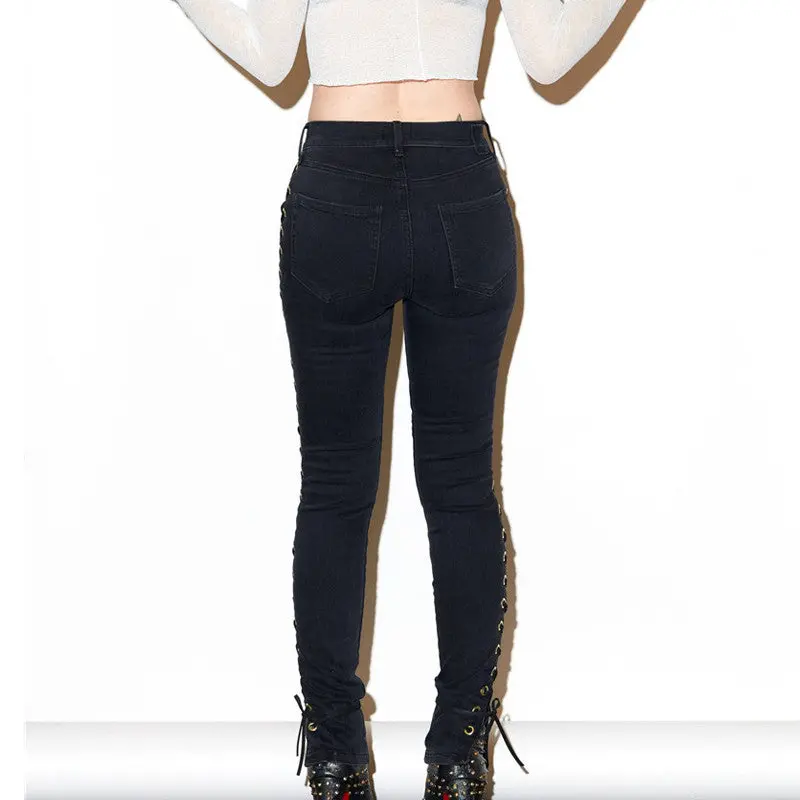 High Waist Jeans Side Lacing Up Denim Jeans Pencil Pants Femme Sexy Hip Lift Jeans Woman Black White Womens Jeans 5