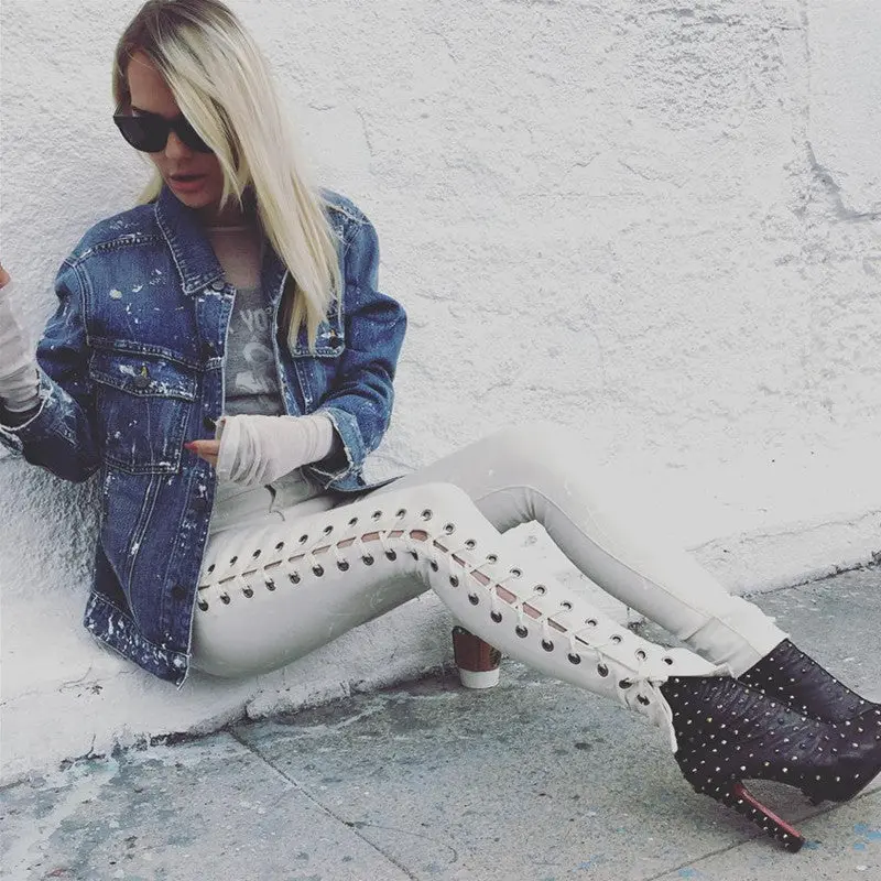 High Waist Jeans Side Lacing Up Denim Jeans Pencil Pants Femme Sexy Hip Lift Jeans Woman Black White Womens Jeans 6