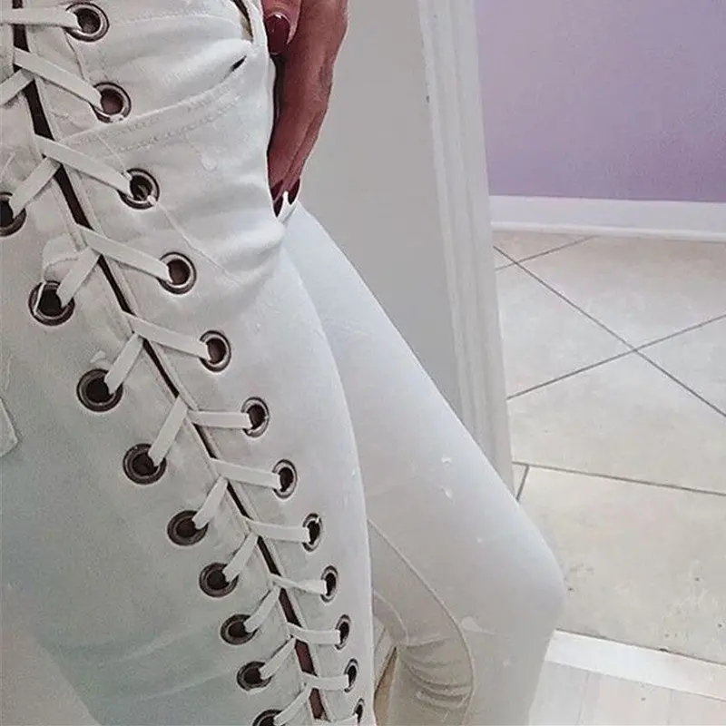 High Waist Jeans Side Lacing Up Denim Jeans Pencil Pants Femme Sexy Hip Lift Jeans Woman Black White Womens Jeans 7