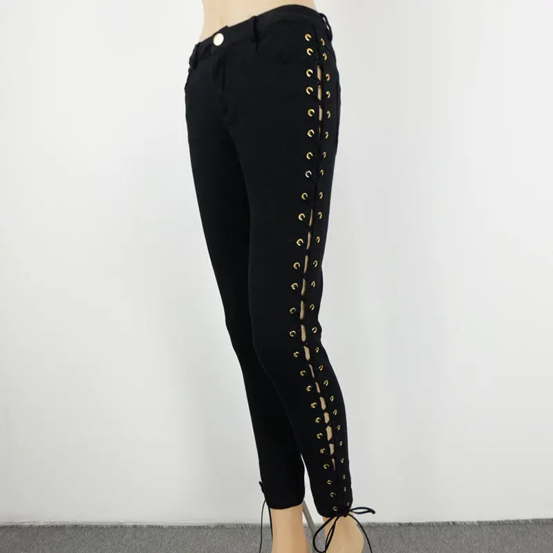 High Waist Jeans Side Lacing Up Denim Jeans Pencil Pants Femme Sexy Hip Lift Jeans Woman Black White Womens Jeans 8