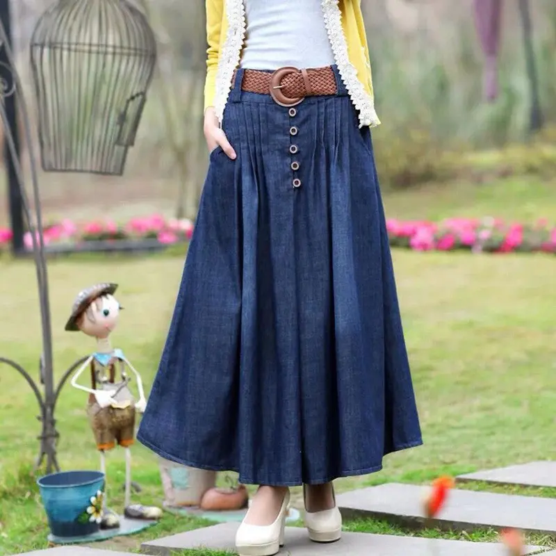 High Waist Long Jean Skirts A Line Cotton Saia Jeans Denim Skirt For Ankle-Length Cotton Skirts Long 2