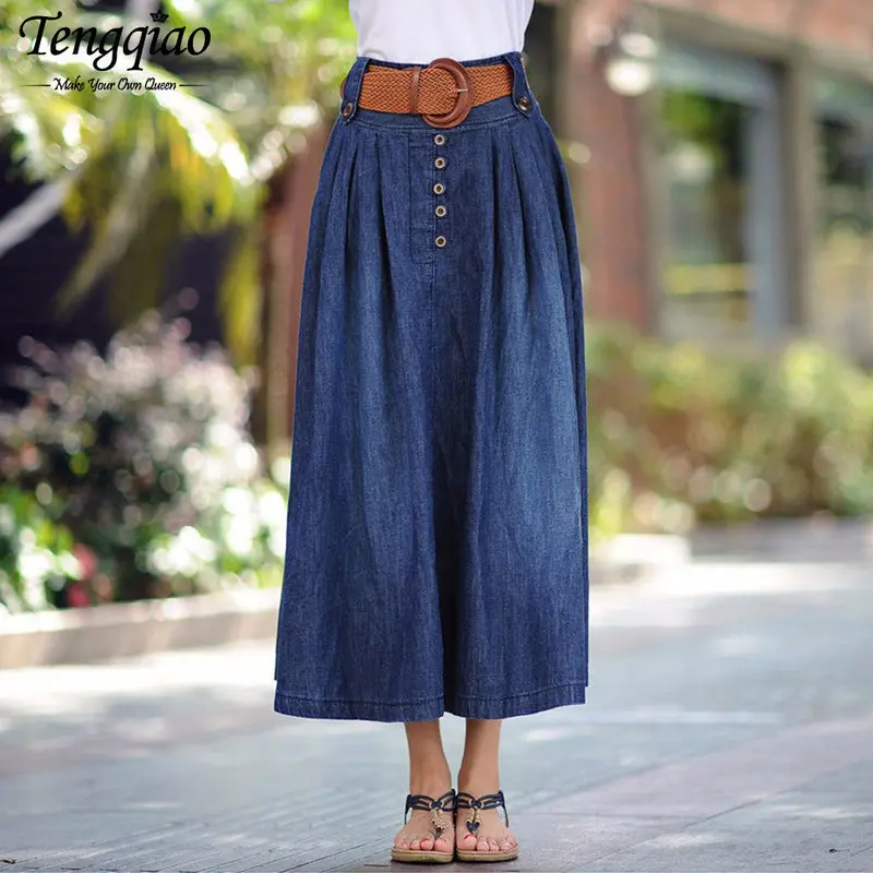 High Waist Long Jean Skirts A Line Cotton Saia Jeans Denim Skirt For Ankle-Length Cotton Skirts Long 3