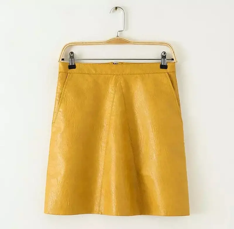 High Waist Slim A Line Mini Short Faux Leather Skirt Women Back Zipper Pu Leather Skirts Black / Pink / Yellow Color 4