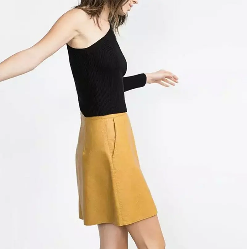 High Waist Slim A Line Mini Short Faux Leather Skirt Women Back Zipper Pu Leather Skirts Black / Pink / Yellow Color 5