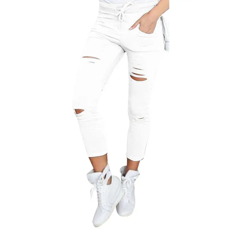 High-Waisted Stretch Skinny Jeans with Ripped Ankle Details